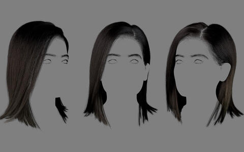 Ein Entwurf der Frisur aus drei Perspektiven, passend zum digitalisierten Gesicht