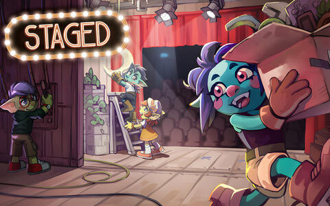 Vier Goblins kümmern sich in einem Theater um den Bühnenaufbau, tragen Props und bedienen die Bühnentechnik