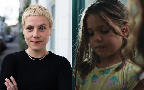 Portaitfoto von Erni Hannah Burgmann und ein Still des Kurzfilms »Splitter«, das ein junges Mädchen zeigt