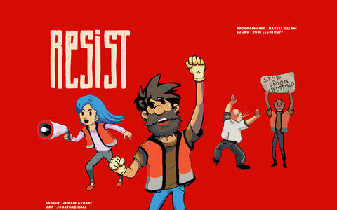 »Resist« by Zubair Ashraf, Cartoonfiguren vor rotem Hintergrund ifs filmschule köln digital narratives 