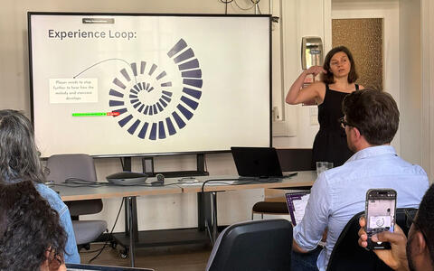 Eine Studentin hält eine Präsentation. Man sieht eine Folie zu "Experience Loop"