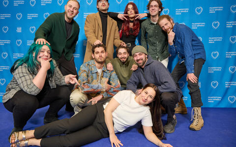 Nevin Çubuk (Regie), Beate Freier (Produzentin), Sylvia Sargisyan (Drehbuch), Paul Nägl (DoP), Benedikt Runkel (Szenenbild), Leo Muheim (Sounddesign)  und der Cast: Valon Krasniqi, Daniel Lekomzew, Manuel D. Geissler, Silas Pfälzer bei der »treibsand« Premiere 
