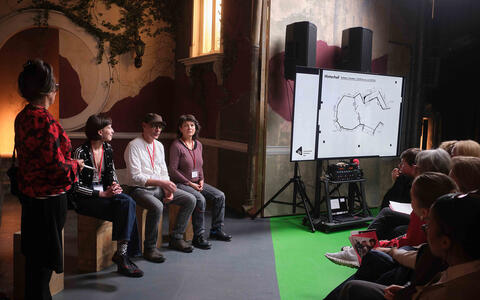 Links sitzen vier Personen vor einem Filmset. Links sitzt das Publikum, vor ihnen steht ein Fernseher mit dem Grundriss des Innenhof-Filmsets