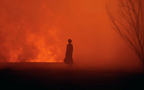 Ein menschliche Silhouette steht in Rauch vor Feuer. Rechts steht ein kahler Baum.