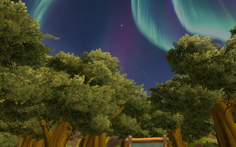 Ein animierter Wald, am Nachthimmel sind Nordlichter