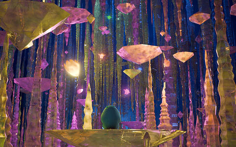 Ein blaues Wesen steht auf einer goldenen Plattform umgeben von goldenen Säulen, die pink angeleuchtet werden