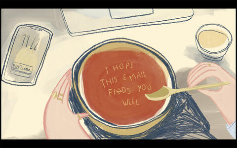 Ein Teller Suppe mit Buchstabennudeln die "I hope this email finds you well" schreiben